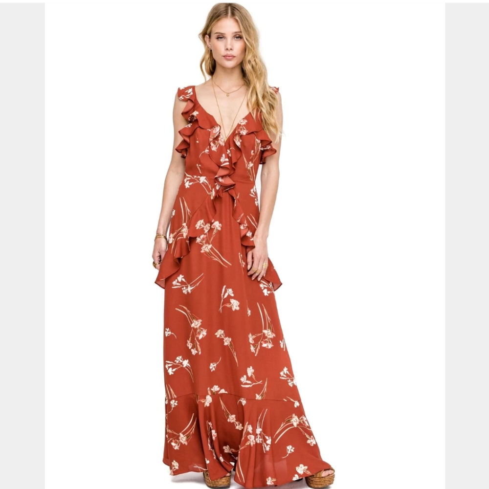 ASTR Rust Floral Ruffle Maxi Dress